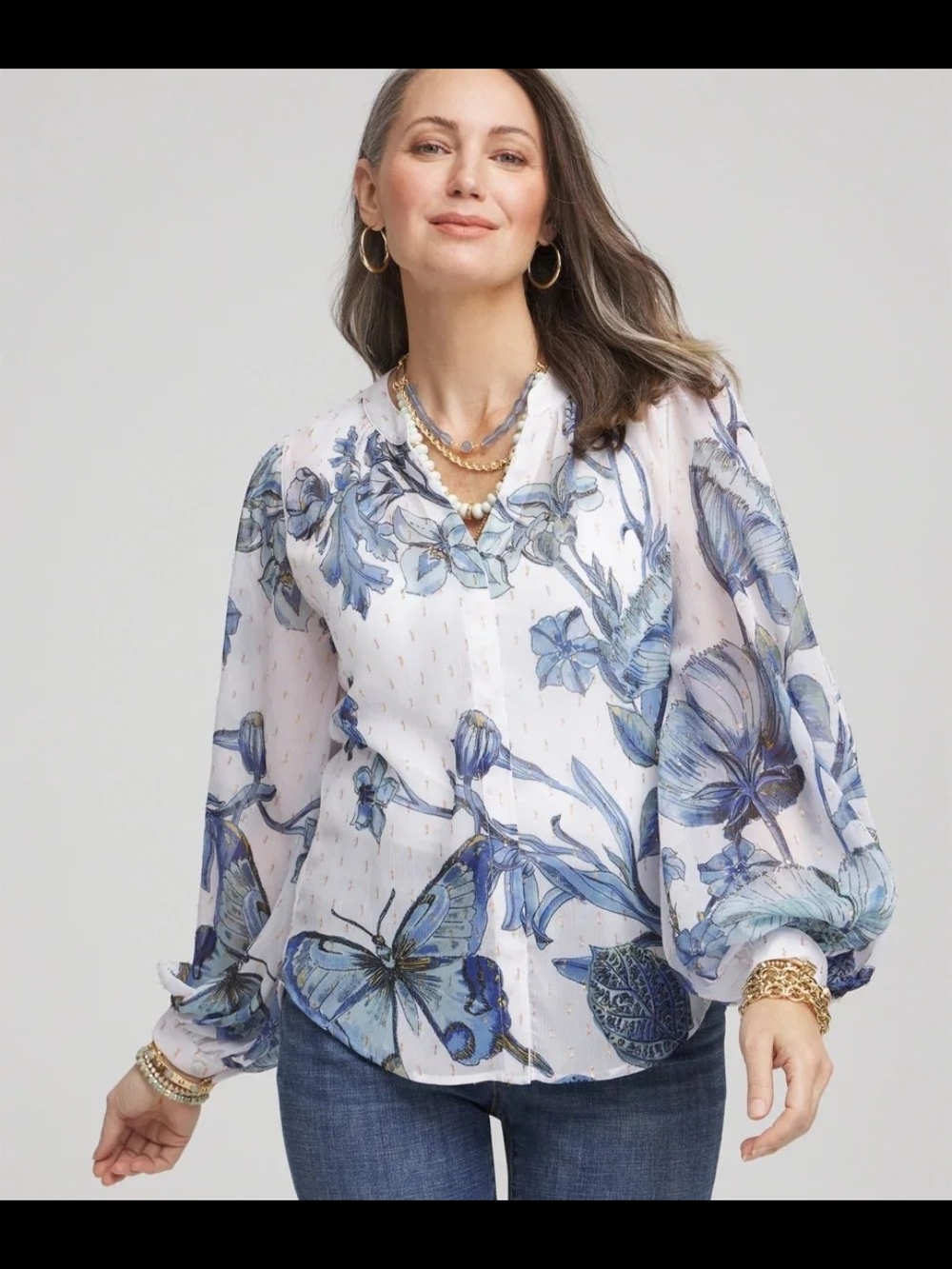 NWOT Chico's Chiffon White & Blue Floral-Butterfly V-Neck Blouse - Size 0 / US 4
